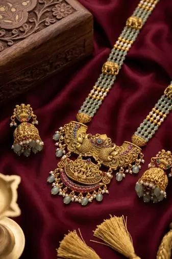 Antique temple jewelry gold-plated necklace set with lakshmi pendant & earrings traditional south indian bridal jewelry