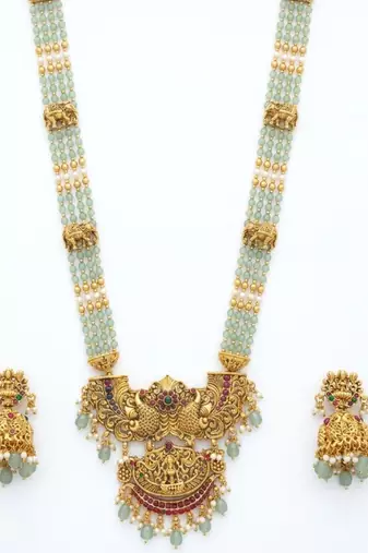Antique temple jewelry gold-plated necklace set with lakshmi pendant & earrings traditional south indian bridal jewelry