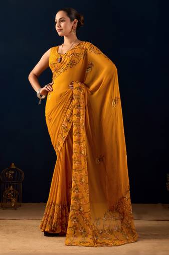 yellow digital floral print chiffon festive ethnic saree with blouse