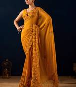 yellow digital floral print chiffon festive ethnic saree with blouse