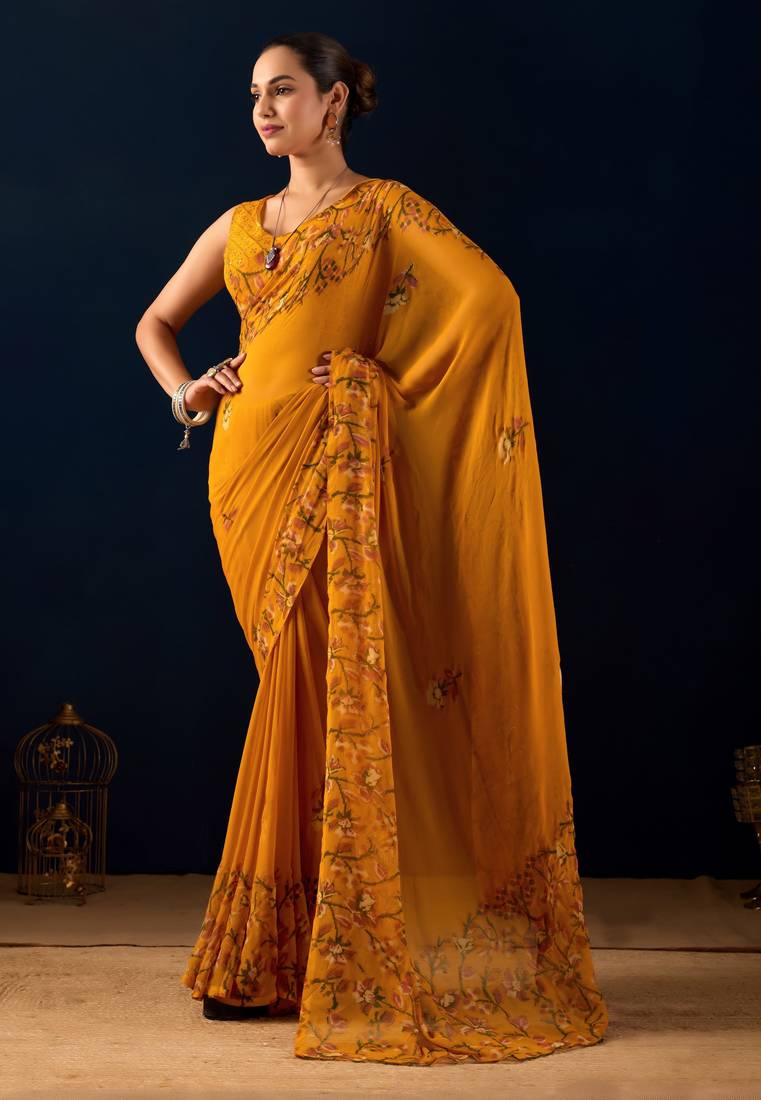 yellow digital floral print chiffon festive ethnic saree with blouse