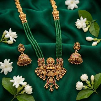 Antique gold-plated lakshmi pendant green bead Necklace :: set with jhumka earrings - traditional temple jewelry 1