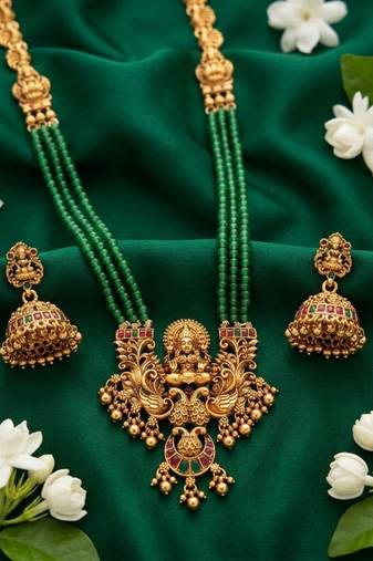 Antique gold-plated lakshmi pendant green bead Necklace :: set with jhumka earrings - traditional temple jewelry