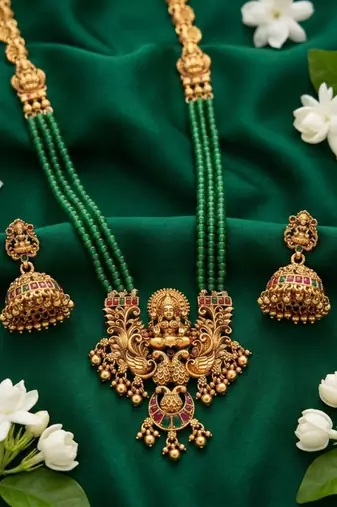 Antique gold-plated lakshmi pendant green bead Necklace :: set with jhumka earrings - traditional temple jewelry