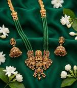 Antique gold-plated lakshmi pendant green bead Necklace :: set with jhumka earrings - traditional temple jewelry