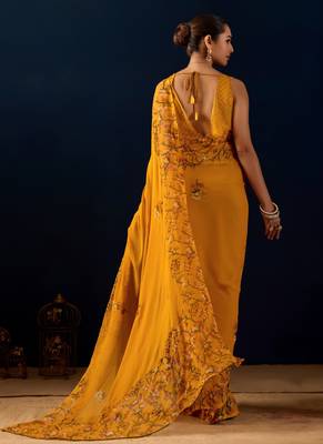 yellow digital floral print chiffon festive ethnic saree with blouse 2