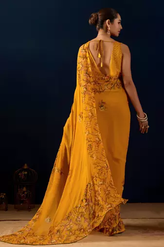 yellow digital floral print chiffon festive ethnic saree with blouse