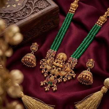 Antique gold-plated lakshmi pendant green bead Necklace :: set with jhumka earrings - traditional temple jewelry 2