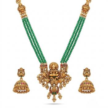 Antique gold-plated lakshmi pendant green bead Necklace :: set with jhumka earrings - traditional temple jewelry 3