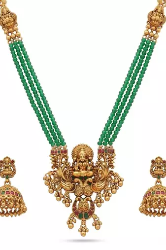 Antique gold-plated lakshmi pendant green bead Necklace :: set with jhumka earrings - traditional temple jewelry