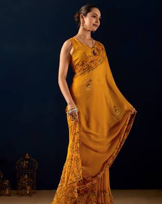 yellow digital floral print chiffon festive ethnic saree with blouse 3
