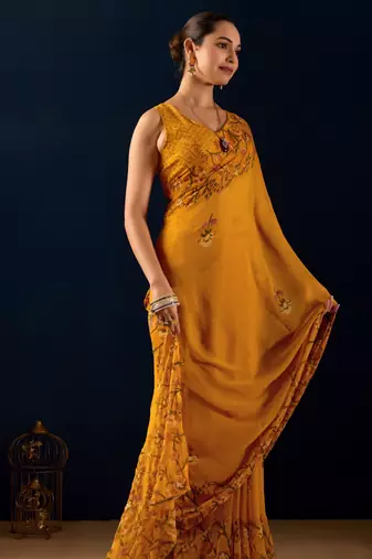 yellow digital floral print chiffon festive ethnic saree with blouse