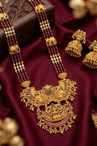 Antique temple jewelry gold-plated necklace set with lakshmi pendant & earrings traditional south indian bridal jewelry
