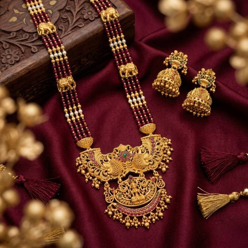 Antique temple jewelry gold-plated necklace set with lakshmi pendant & earrings traditional south indian bridal jewelry
