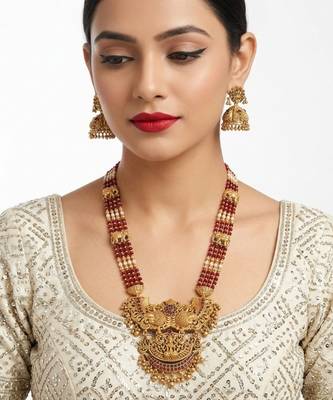 Antique temple jewelry gold-plated necklace set with lakshmi pendant & earrings traditional south indian bridal jewelry 2