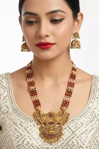 Antique temple jewelry gold-plated necklace set with lakshmi pendant & earrings traditional south indian bridal jewelry
