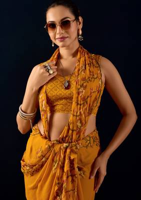yellow digital floral print chiffon festive ethnic saree with blouse 4