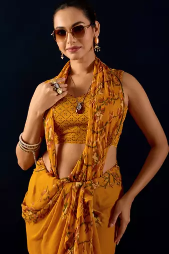 yellow digital floral print chiffon festive ethnic saree with blouse