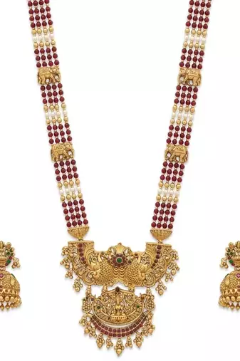 Antique temple jewelry gold-plated necklace set with lakshmi pendant & earrings traditional south indian bridal jewelry