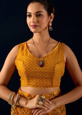 yellow digital floral print chiffon festive ethnic saree with blouse 5