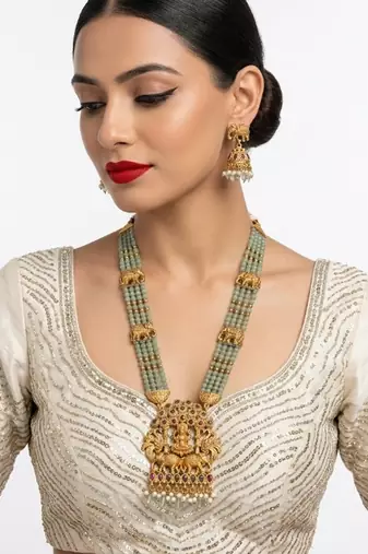 Traditional gold-plated temple jewelry set - handcrafted elephant motif green bead long Necklace :: & jhumka earrings