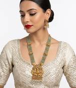 Traditional gold-plated temple jewelry set - handcrafted elephant motif green bead long Necklace :: & jhumka earrings