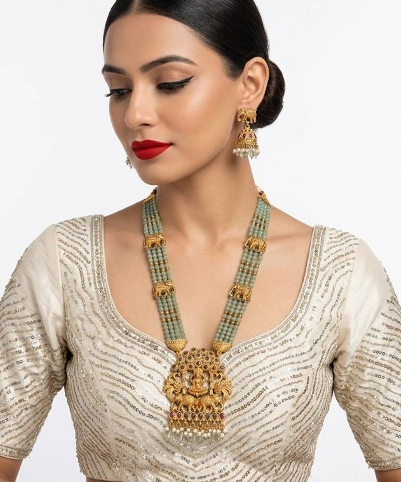 Traditional gold-plated temple jewelry set - handcrafted elephant motif green bead long Necklace :: & jhumka earrings