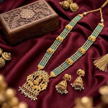 Traditional gold-plated temple jewelry set - handcrafted elephant motif green bead long Necklace :: & jhumka earrings 2
