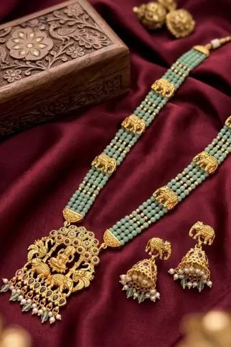 Traditional gold-plated temple jewelry set - handcrafted elephant motif green bead long Necklace :: & jhumka earrings