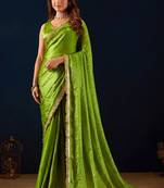 Green ikat satin festive ethnic saree with boluse