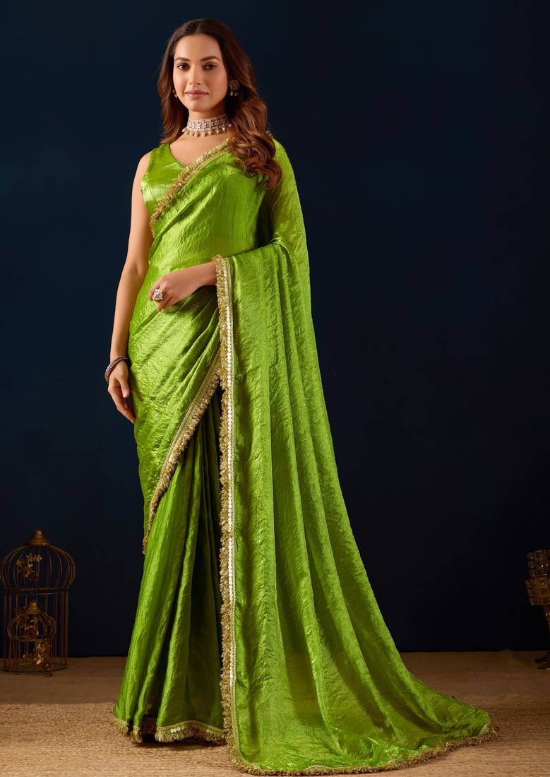 Green ikat satin festive ethnic saree with boluse