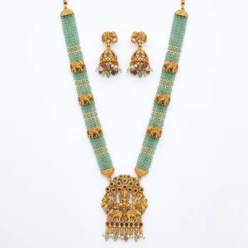 Traditional gold-plated temple jewelry set - handcrafted elephant motif green bead long Necklace :: & jhumka earrings 3