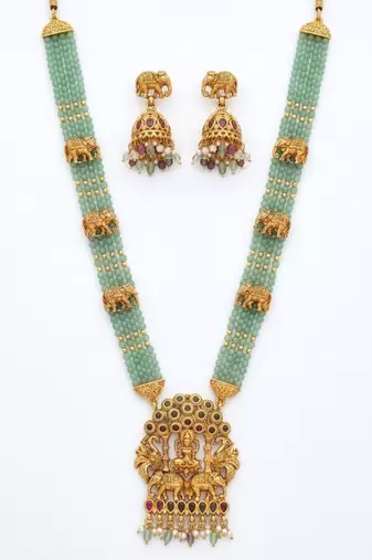 Traditional gold-plated temple jewelry set - handcrafted elephant motif green bead long Necklace :: & jhumka earrings