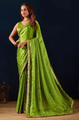 Green ikat satin festive ethnic saree with boluse