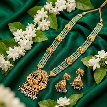 Traditional gold-plated temple jewelry set - handcrafted elephant motif green bead long Necklace :: & jhumka earrings 4