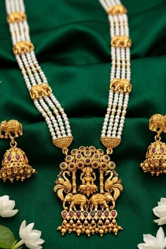 Traditional gold-plated temple jewelry set - handcrafted elephant motif green bead long Necklace :: & jhumka earrings