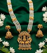 Traditional gold-plated temple jewelry set - handcrafted elephant motif green bead long Necklace :: & jhumka earrings