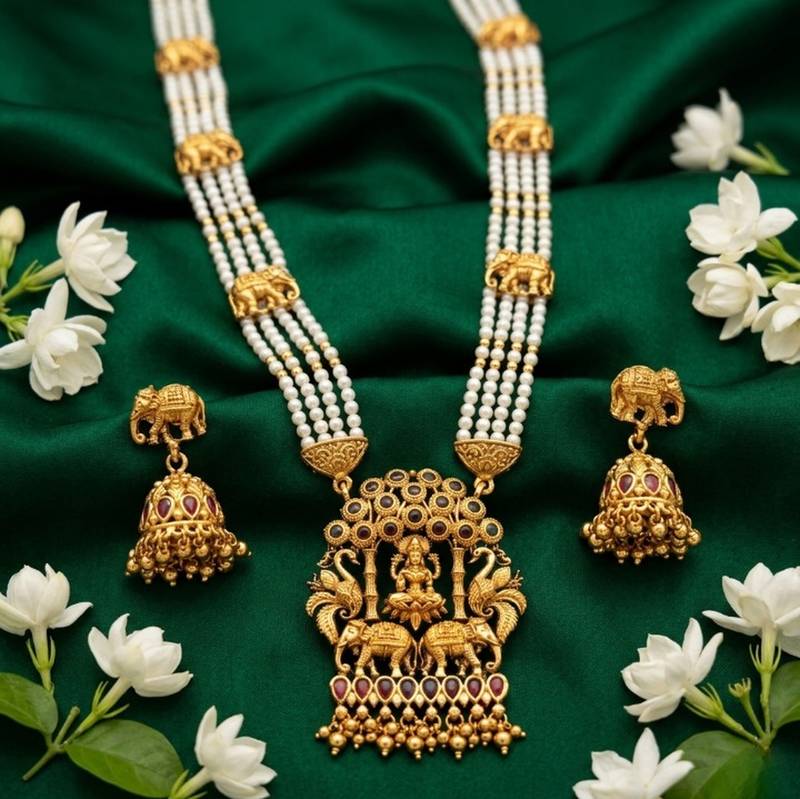 Traditional gold-plated temple jewelry set - handcrafted elephant motif green bead long Necklace :: & jhumka earrings