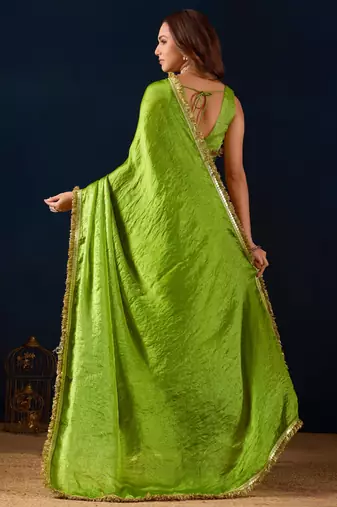 Green ikat satin festive ethnic saree with boluse