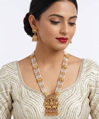 Traditional gold-plated temple jewelry set - handcrafted elephant motif green bead long Necklace :: & jhumka earrings 2