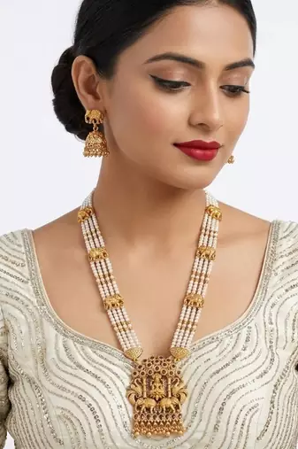 Traditional gold-plated temple jewelry set - handcrafted elephant motif green bead long Necklace :: & jhumka earrings