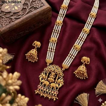 Traditional gold-plated temple jewelry set - handcrafted elephant motif green bead long Necklace :: & jhumka earrings 3