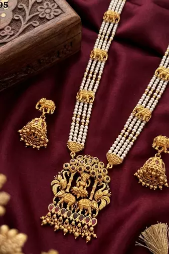 Traditional gold-plated temple jewelry set - handcrafted elephant motif green bead long Necklace :: & jhumka earrings