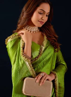 Green ikat satin festive ethnic saree with boluse 4