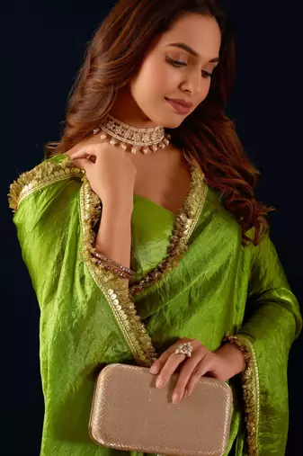 Green ikat satin festive ethnic saree with boluse