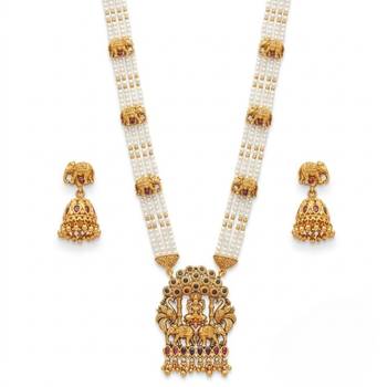 Traditional gold-plated temple jewelry set - handcrafted elephant motif green bead long Necklace :: & jhumka earrings 4