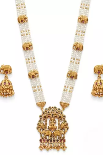 Traditional gold-plated temple jewelry set - handcrafted elephant motif green bead long Necklace :: & jhumka earrings