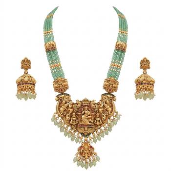 Antique gold-plated lakshmi temple Necklace :: set with green beads and jhumkas 1