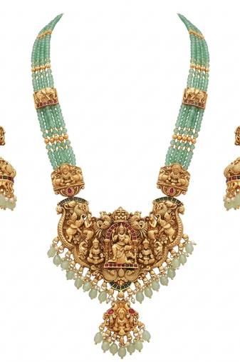 Antique gold-plated lakshmi temple Necklace :: set with green beads and jhumkas