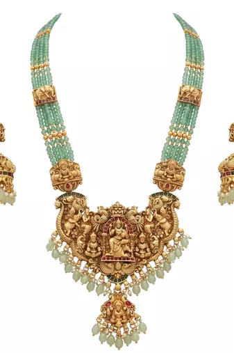 Antique gold-plated lakshmi temple Necklace :: set with green beads and jhumkas